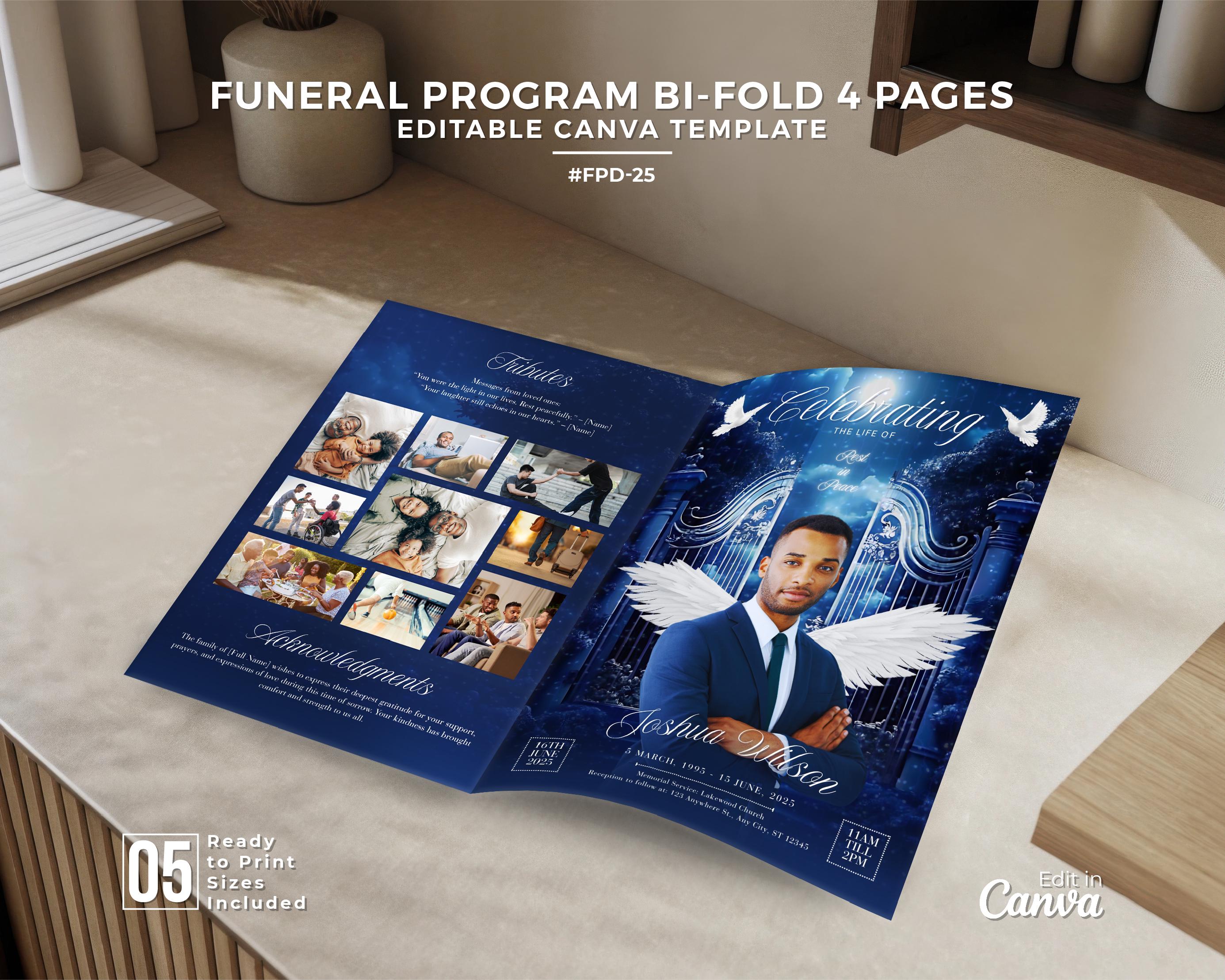 Heavenly Obituary Brochure with Angel Wings | Navy Blue Memorial Bifold | Canva Editable Funeral | Celebrating Booklet the Life #FPD-22