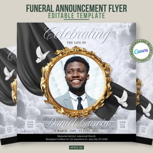Pode incluir: Modelo de flyer de anúncio fúnebre com uma foto de um homem sorrindo em uma moldura dourada. O design inclui tecido preto drapeado, pombas brancas e o texto "Celebrating the Life of Daniel Garcia" com datas e horários.