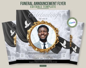 Heavenly Obituary Flyer with Doves & Clouds | Gold Framed Photo Funeral Template | Canva Memorial Invite Template | In Loving Memory #FPD-24