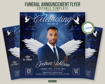 Heavenly Obituary Flyer with Angel Wings | Navy Blue Memorial Invitation | Canva Editable Funeral | Announcement Celebrating the Life#FPD-22