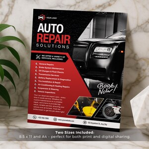 May include: A flyer for auto repair services with a black and red design. The flyer includes a graphic of a black car and lists services such as general repairs, brake maintenance, and tire installation. The text "Book Now!" is visible.