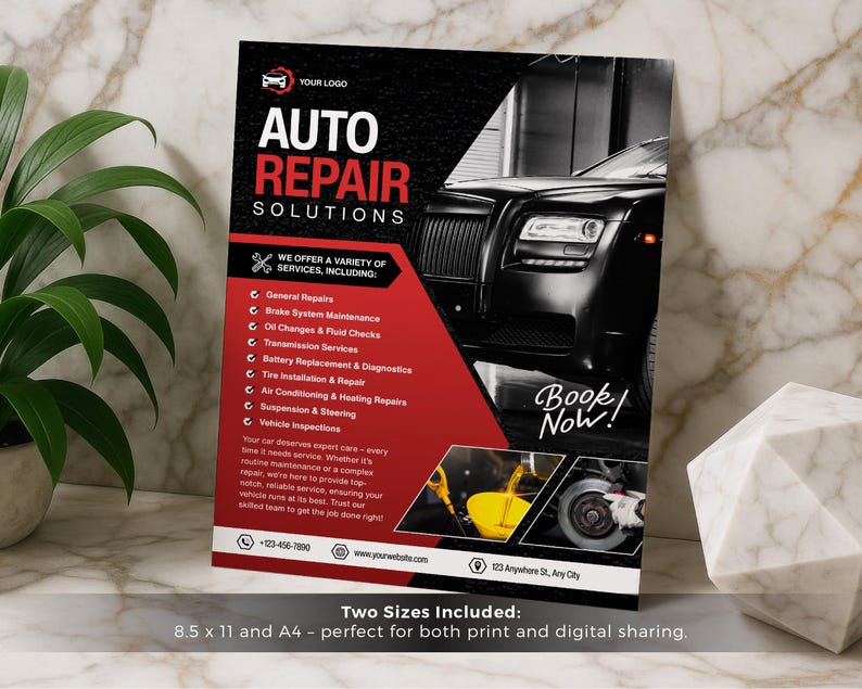 May include: A flyer for auto repair services with a black and red design. The flyer includes a graphic of a black car and lists services such as general repairs, brake maintenance, and tire installation. The text "Book Now!" is visible.