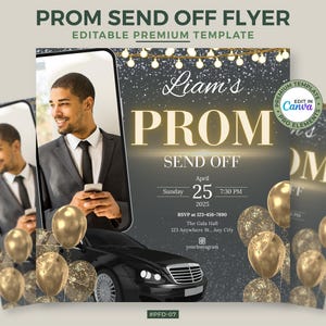 Prom Send Off Flyer man | Editable Invitation Template | Gray & Gold Prom Party Invite | Canva Premium with Pro Elements | Prom Event#PFD-07