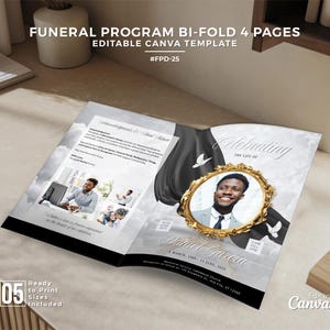 May include: A bi-fold funeral program template with a portrait of a man in a gold frame. The program features the text "Celebrating the Life of Daniel Garcia" and includes the text "Funeral Program Bi-Fold 4 Pages" and "Editable Canva Template."