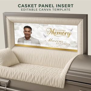 Puede incluir: Un inserto de panel de ataúd con el texto "CASKET PANEL INSERT EDITABLE CANVA TEMPLATE". El inserto presenta una foto de un hombre, las palabras "In Loving Memory" y el nombre "Marcus Ellison". El inserto está dentro de un ataúd gris.
