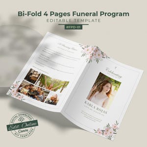 May include: A bi-fold funeral program template with a floral design. The cover features a photo of a woman and the text "Celebrating the Life of" and the name "Karla Rojas." The inside pages include photos and text. The template is labelled "Editable Template" and "#FPD-01."