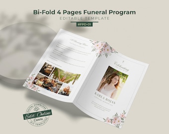 Programme d'enterrement floral rose : modèle de notice nécrologique plié en deux (Canva)