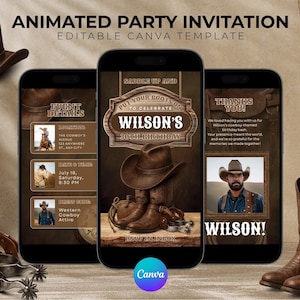 Sattel auf! Animierte Western Cowboy Party Einladung - DIY Vorlage, Wilder Westen Video einladen, Cowboy Themed Evite BVI-03