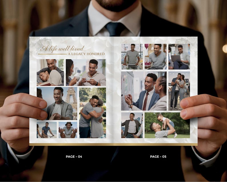 May include: A person holds open a photo album with a gold border. The album features a collage of photos with a man in various settings. The text "A life well lived, a legacy honored" is at the top. Page numbers 04 and 05 are visible.