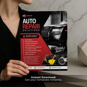 May include: A flyer for auto repair services, held by a person. The flyer features the text "AUTO REPAIR SOLUTIONS" in red and white, along with a list of services and a black car image. The flyer also includes the text "Book Now!" and "Instant Download: Get your template instantly."