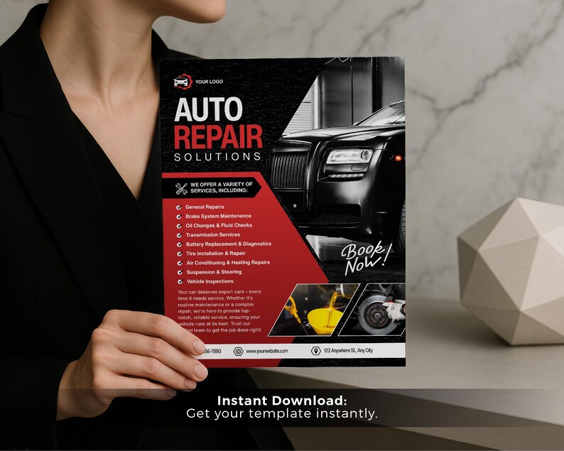 May include: A flyer for auto repair services, held by a person. The flyer features the text "AUTO REPAIR SOLUTIONS" in red and white, along with a list of services and a black car image. The flyer also includes the text "Book Now!" and "Instant Download: Get your template instantly."