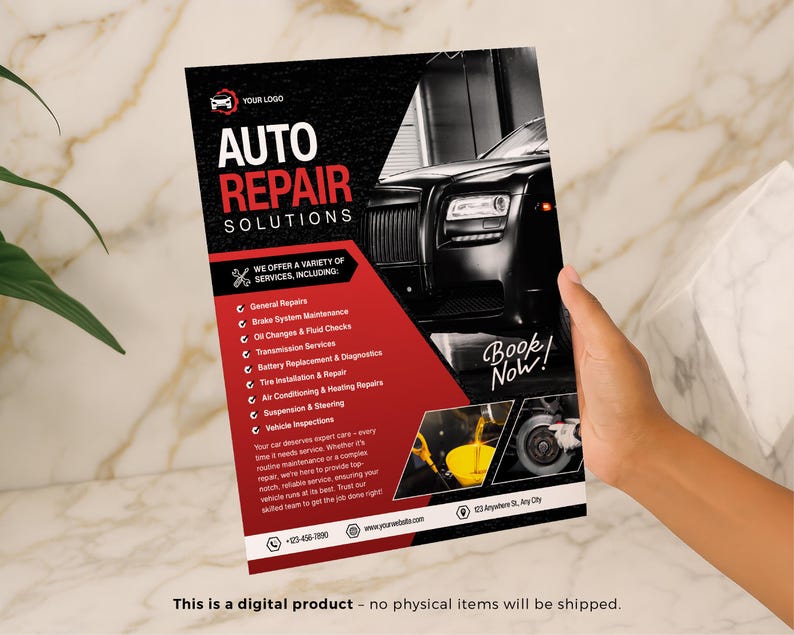May include: A flyer for auto repair services, held by a hand. The flyer features the text "AUTO REPAIR SOLUTIONS" in red and white, along with a black car graphic. Services include general repairs, brake maintenance, and more. The flyer also says "Book Now!"