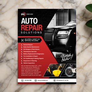 May include: A promotional flyer for auto repair services. The design features a black luxury car, the words "AUTO REPAIR SOLUTIONS" in large red letters, and a list of services offered. The flyer includes the text "Book Now!"
