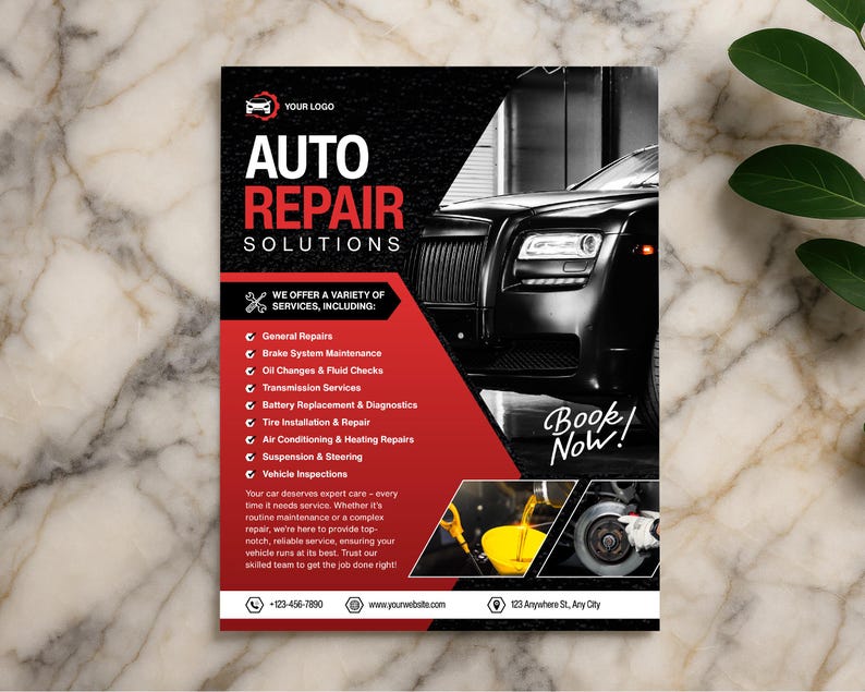 May include: A promotional flyer for auto repair services. The design features a black luxury car, the words "AUTO REPAIR SOLUTIONS" in large red letters, and a list of services offered. The flyer includes the text "Book Now!"