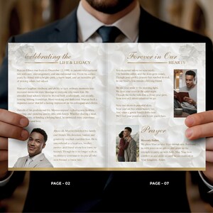 May include: A memorial booklet held by a person in a dark suit. The booklet has a floral design and text that reads "Celebrating the Life & Legacy" and "Forever in Our Hearts." Photos of a man are included.