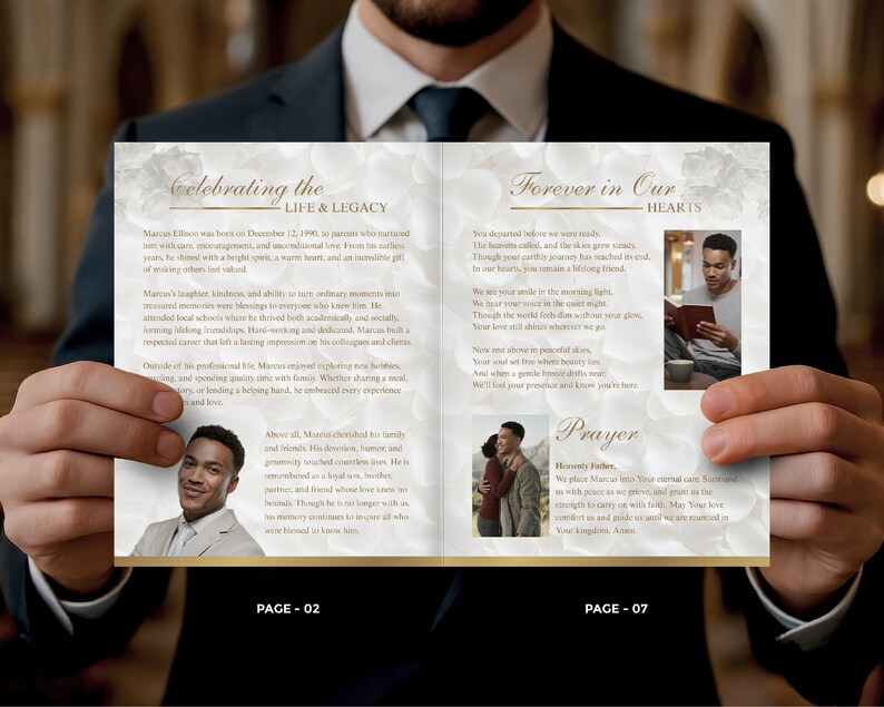 May include: A memorial booklet held by a person in a dark suit. The booklet has a floral design and text that reads "Celebrating the Life & Legacy" and "Forever in Our Hearts." Photos of a man are included.