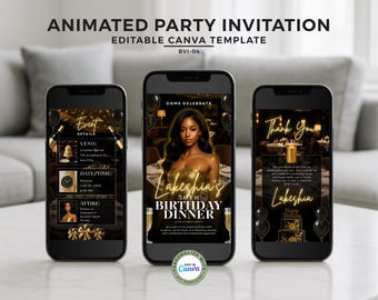 Animated Birthday Dinner Invitation: Elegant Gold Party E-Invite (MP4 Digital Download)