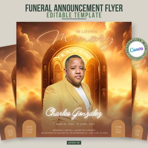 Golden Gate Memorial Announcement Template | In Loving Memory Obituary Flyer | Editable Funeral Canva Invitation | Heavenly Funeral #FPD-19