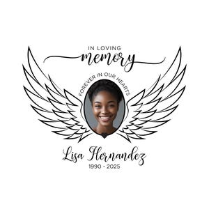 May include: A memorial design featuring a photo of a smiling woman, framed by angel wings. The text reads "In Loving Memory," "Forever in Our Hearts," and the name "Lisa Hernandez" with the years 1990-2025.