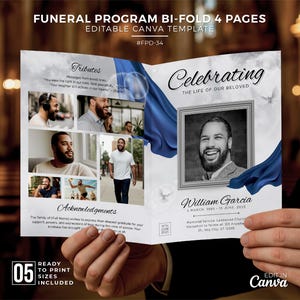 May include: A bi-fold funeral program template with the text "Funeral Program Bi-Fold 4 Pages" and "Editable Canva Template." The design includes photos, blue accents, and the words "Celebrating the Life of Our Beloved."