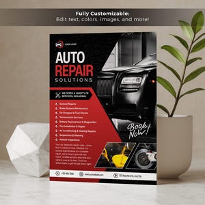 May include: A promotional flyer for auto repair services. The design features a black and red color scheme with the text "AUTO REPAIR SOLUTIONS." The flyer includes a graphic of a black car and lists various services offered.