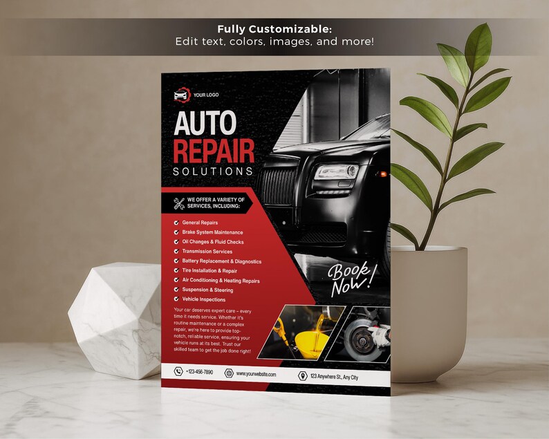 May include: A promotional flyer for auto repair services. The design features a black and red color scheme with the text "AUTO REPAIR SOLUTIONS." The flyer includes a graphic of a black car and lists various services offered.