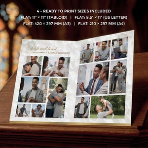 May include: A printed photo album with a collage of images featuring a man in various settings. The album includes the text "A life well lived, A legacy honored." Ready to print sizes are included: 11" x 17", 8.5" x 11", 420 x 297 mm, and 210 x 297 mm.