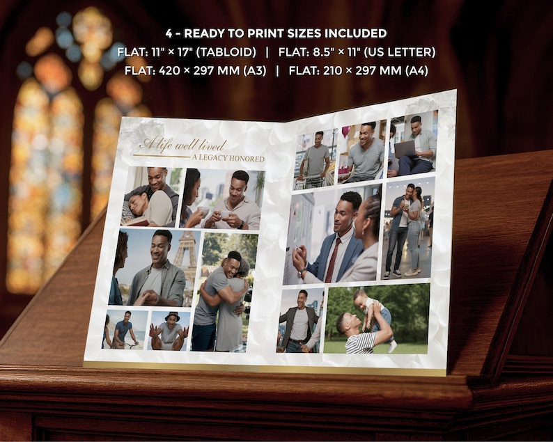 May include: A printed photo album with a collage of images featuring a man in various settings. The album includes the text "A life well lived, A legacy honored." Ready to print sizes are included: 11" x 17", 8.5" x 11", 420 x 297 mm, and 210 x 297 mm.