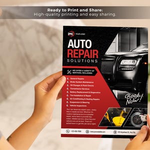 May include: A flyer for auto repair services, held by a person. The flyer features the text "AUTO REPAIR SOLUTIONS" in red and white, with a black car graphic. It lists services like brake maintenance and tire repair.