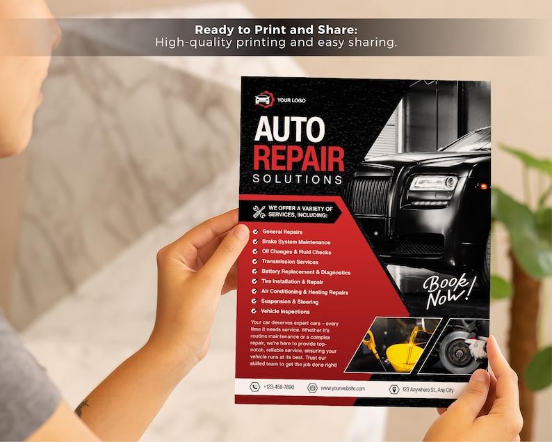 May include: A flyer for auto repair services, held by a person. The flyer features the text "AUTO REPAIR SOLUTIONS" in red and white, with a black car graphic. It lists services like brake maintenance and tire repair.