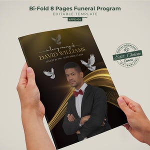 Black & Gold Funeral Program (8 pages Booklet ) | Bi-fold Funeral Program Book | Memorial Brochure | Obituary template #FPD-04