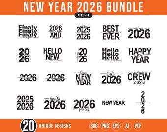 2026 Happy New Year Typography: 20 Designs for Bundle (Digital Download)