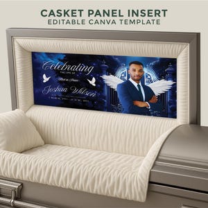 May include: A casket with a panel insert featuring a photo of a person with angel wings, the text "Celebrating the Life of Joshua Wilson", and the dates March 11, 1953 - June 17, 2023. The casket is gray with a cream-colored interior.