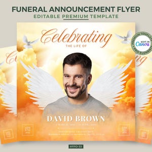 以下が含まれることがあります： 「Celebrating the Life of」のテキストと「David Brown」の名前が入った葬儀のお知らせフライヤーテンプレート。天使の羽を持つ男性、鳩、暖かくオレンジと黄色の背景が特徴のデザインです。