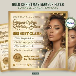 May include: A gold-framed flyer for Christmas makeup services. The flyer features a woman with glamorous makeup and text that reads "Secure Your Holiday Glow." Details include "Skin Prep & Prime," "Full Coverage Foundation," and "Neutral Eye Look."