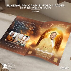 Peut inclure: Un modèle de programme funéraire pliable en deux avec une palette de couleurs chaudes. La couverture présente un portrait d'un homme en costume jaune, avec le texte "In Loving Memory" et le nom "Charles Gonzalez". Le programme comprend des photos et du texte.
