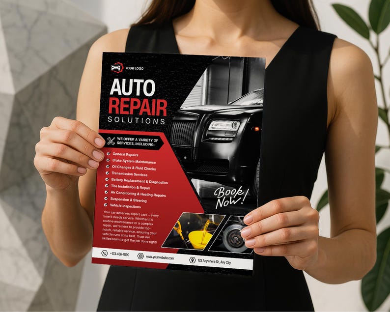 May include: A flyer for auto repair services held by a person. The flyer has a black and red color scheme with the words "AUTO REPAIR SOLUTIONS" in large white letters. It lists various services and features a black car and the words "Book Now!"