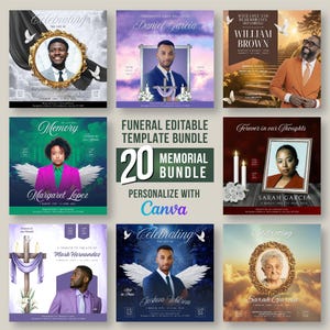May include: A set of 20 customizable funeral memorial templates for Canva. The templates feature various designs with images of flowers, crosses, angels, and candles. The text on the templates includes "Celebrating the Life of", "Memory", "Forever in our Thoughts", and "With Love and Remembrance Honoring".