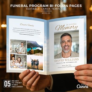 Könnte beinhalten: Eine zweiseitige Trauerprogrammvorlage mit dem Text "FUNERAL PROGRAM BI-FOLD 4 PAGES EDITABLE CANVA TEMPLATE". Das Programm enthält ein Foto, Text und die Worte "IN LOVING MEMORY".