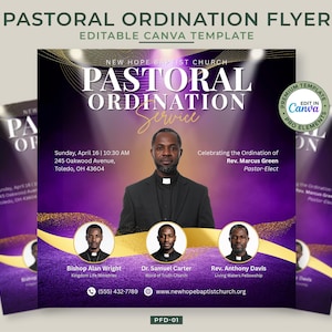 May include: A flyer for a pastoral ordination service. The design features a central image of a man in a suit, with text overlayed in white and gold. The flyer includes the church name, service details, and names of individuals.