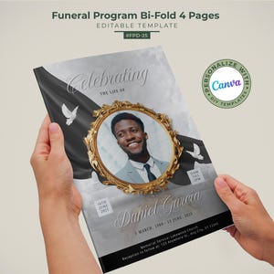 Brochure modèle de nécrologie | Dossier funéraire commémoratif | Livret du programme des funérailles, toile éditable | Célébrer la vie | En douce mémoire #FPD-25