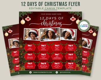 12 Days of Christmas Beauty Flyer: Lash, Hair & Nail Booking Promo – Editable Canva Template