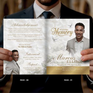 May include: A memorial program held by a person, featuring a portrait of Marcus Ellison. The cover reads "In Loving Memory" with a gold and white floral design. The program includes details of the service.