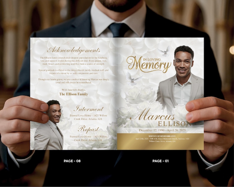 May include: A memorial program held by a person, featuring a portrait of Marcus Ellison. The cover reads "In Loving Memory" with a gold and white floral design. The program includes details of the service.