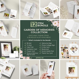 Puede incluir: Una descarga digital de 12 plantillas imprimibles para un servicio conmemorativo o un funeral. Las plantillas presentan un diseño floral con un tema de jardín. El texto en la imagen dice "Garden of Memories Collection" y "#FPD-01".