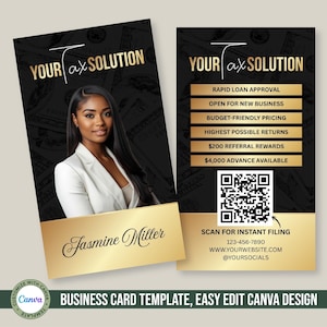 Può includere: Modello di biglietto da visita nero e oro. Il fronte presenta una foto di una donna in blazer bianco, il testo "Your Tax Solution" e il nome "Jasmine Miller". Il retro elenca i servizi e un codice QR per la presentazione immediata.