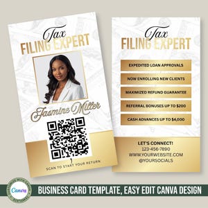 Può includere: Modello di biglietto da visita con design oro e bianco. La carta presenta il testo "Tax Filing Expert" e una foto di una donna. Include un codice QR e informazioni di contatto.