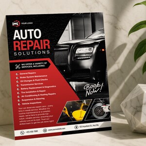 May include: A promotional flyer for auto repair services. The design features a black luxury car, the words "AUTO REPAIR SOLUTIONS," and a list of services. The flyer includes the text "Book Now!" and contact information.