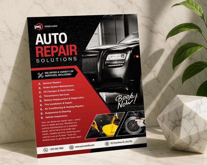 May include: A promotional flyer for auto repair services. The design features a black luxury car, the words "AUTO REPAIR SOLUTIONS," and a list of services. The flyer includes the text "Book Now!" and contact information.