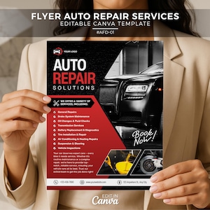 May include: A flyer for auto repair services, held by a person. The flyer features the text "AUTO REPAIR SOLUTIONS" with a black car image. It lists services like general repairs, brake maintenance, and oil changes. The flyer also includes the text "Book Now!"